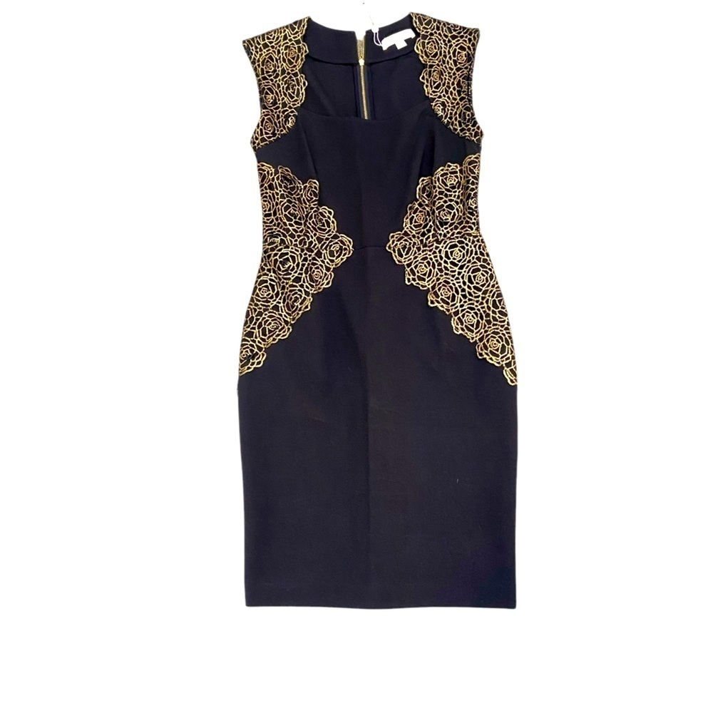 NWT Erin black & gold rosette embroidery fitted short sleeve pint dress size 4 - Picture 4 of 12